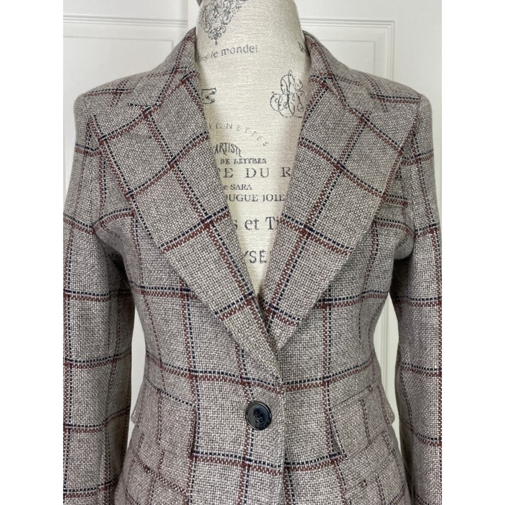 Smythe Birkin Grid Plaid Rib Cuff Blazer Griege Black Wool Blend Sz 8 - Picture 3 of 11
